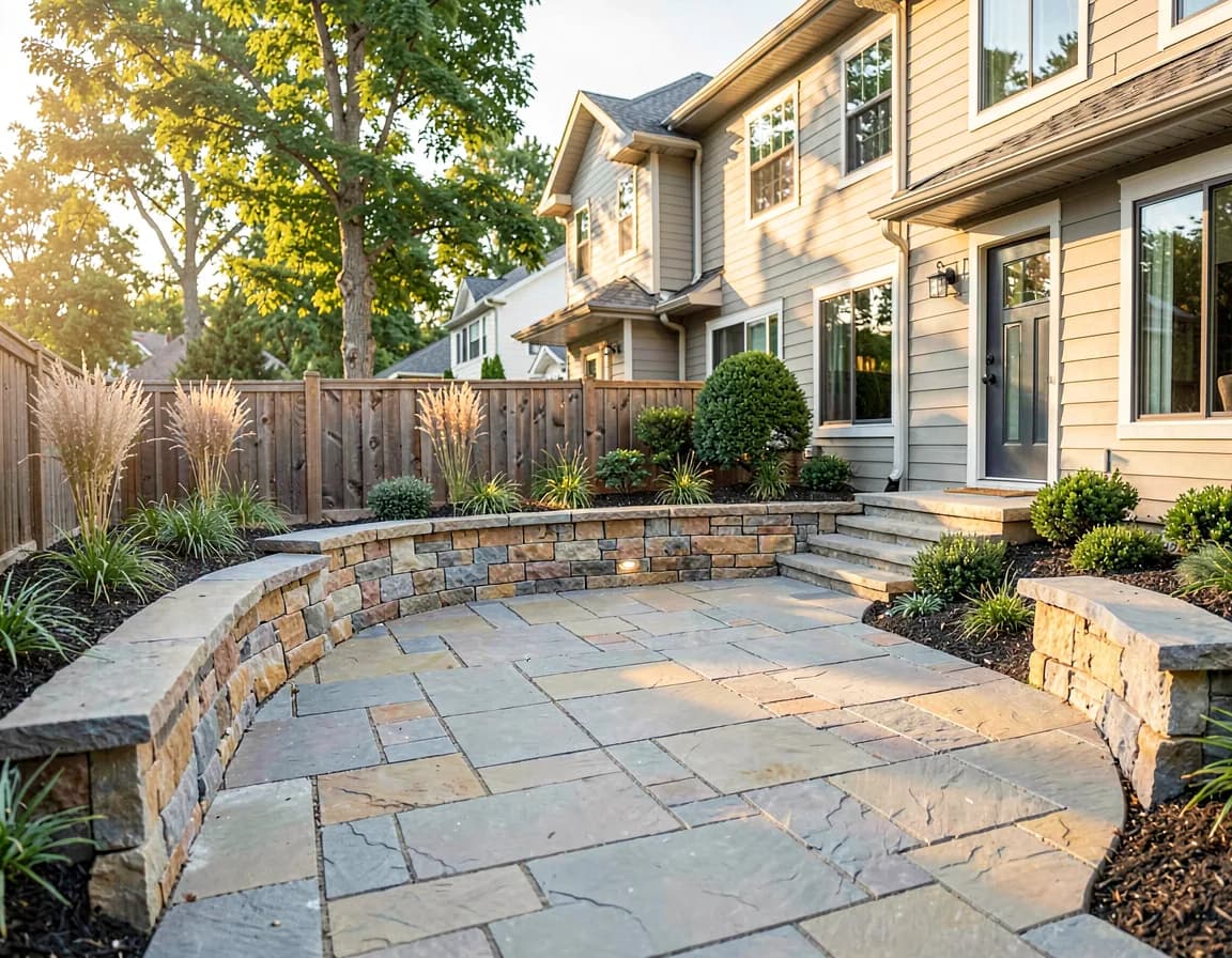 Natural stone patio and retaining wall in a landscaped backyard