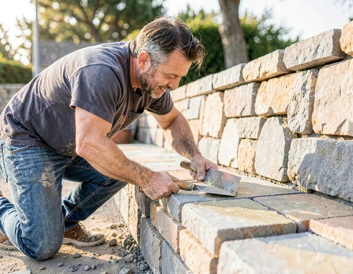 Mason laying natural stone pavers and building a wall